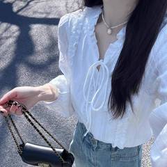 白いシャツの女性の春の新型のフランスレースの刺繍のシャツの独特なきれいな小さい背のデザイン感の上着の夏