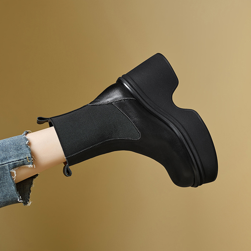 Boot Chelsea nữ da bò mũi tròn đế nêm siêu cao gót cổ ngắn mùa thu đông — Lớp lót nhung đen, đen, Lớp lót nhung màu nâu, nâu