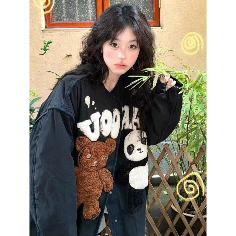 2024冬季熊熊新款玩偶刺绣熊猫羽绒棉经典复古加厚棉服宽松外套