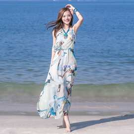 连衣长裙夏款长裙大摆吊带海边度假沙滩裙休闲裙开叉裙款号30003