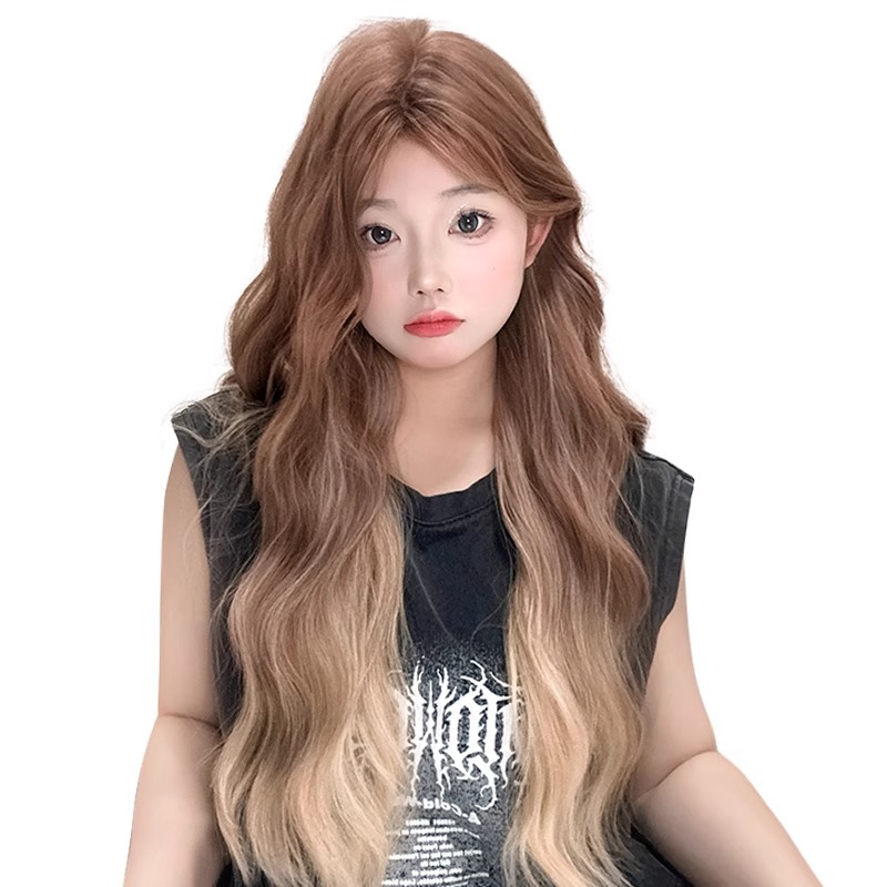 Peruca de cabello largo de la mujer gradiente pelucas de cabello largo de la princesa de París pintura de agua ondulada simulación natural cubierta de cabeza completa