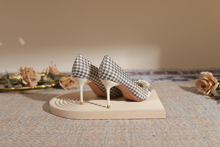 Xiao Xiangfeng High Heels Spring Pointed French Single Shoes Thousand Bird Plaid Temperament Celebrity Fine Heel Bridesmaid Shoes_voghion.com
