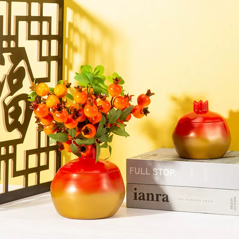 厂家批发仿真石榴装饰花瓶仿陶瓷创意塑料花盆新年摆件红果小花瓶