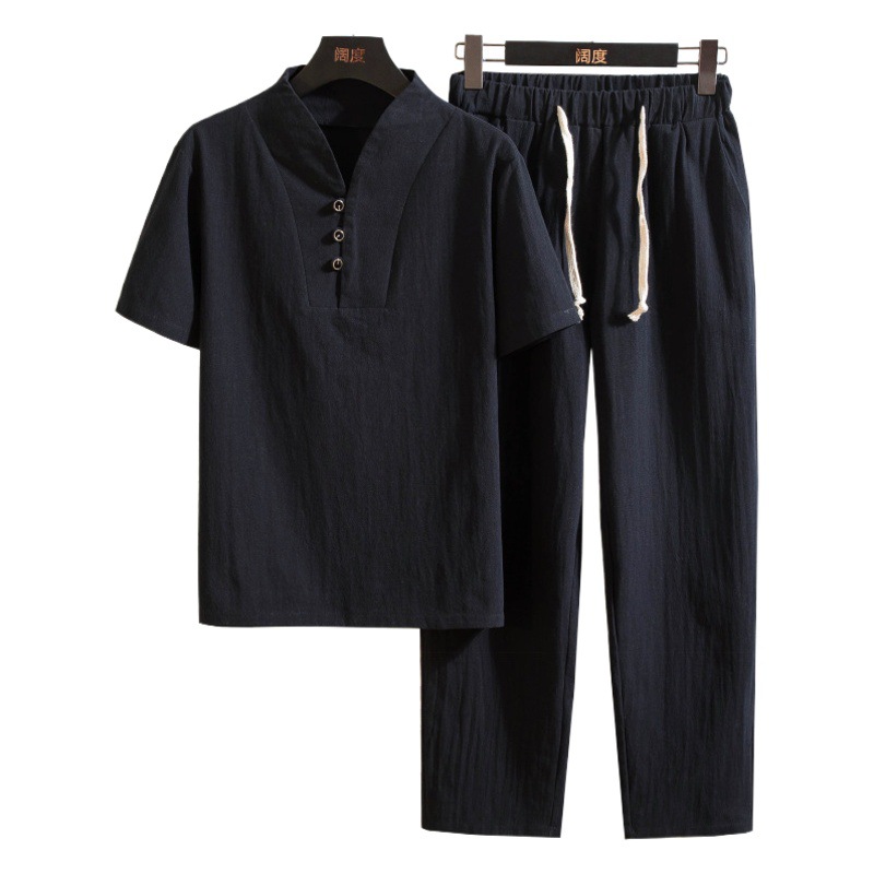 2022 estilo chino verano algodón y lino traje casual cuello en V manga corta Camiseta cintura elástica pantalones con cordones traje de color sólido