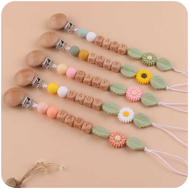 New Beech juguete para niños sonajero mordedor calmante bebé DIY Daisy cuentas de silicona Cadena de pezón conjunto de dos piezas