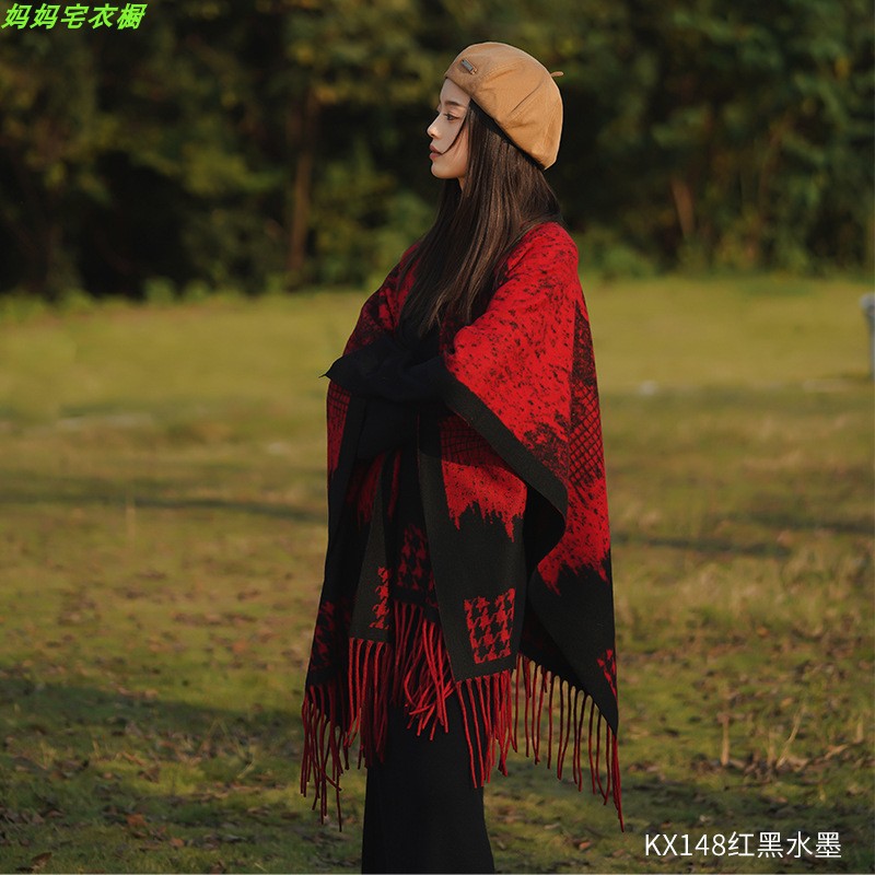 Chaqueta de abrigo de capas de bordas a cuadros franceses de otoño para mujeres con un pequeño chal de lana con una bufalla de abrigo grueso