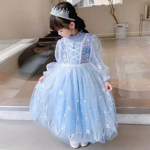 Elsa Princess Dress for Girls - Spring and Autumn Knitted Wool Dress with Ice and Snow Theme