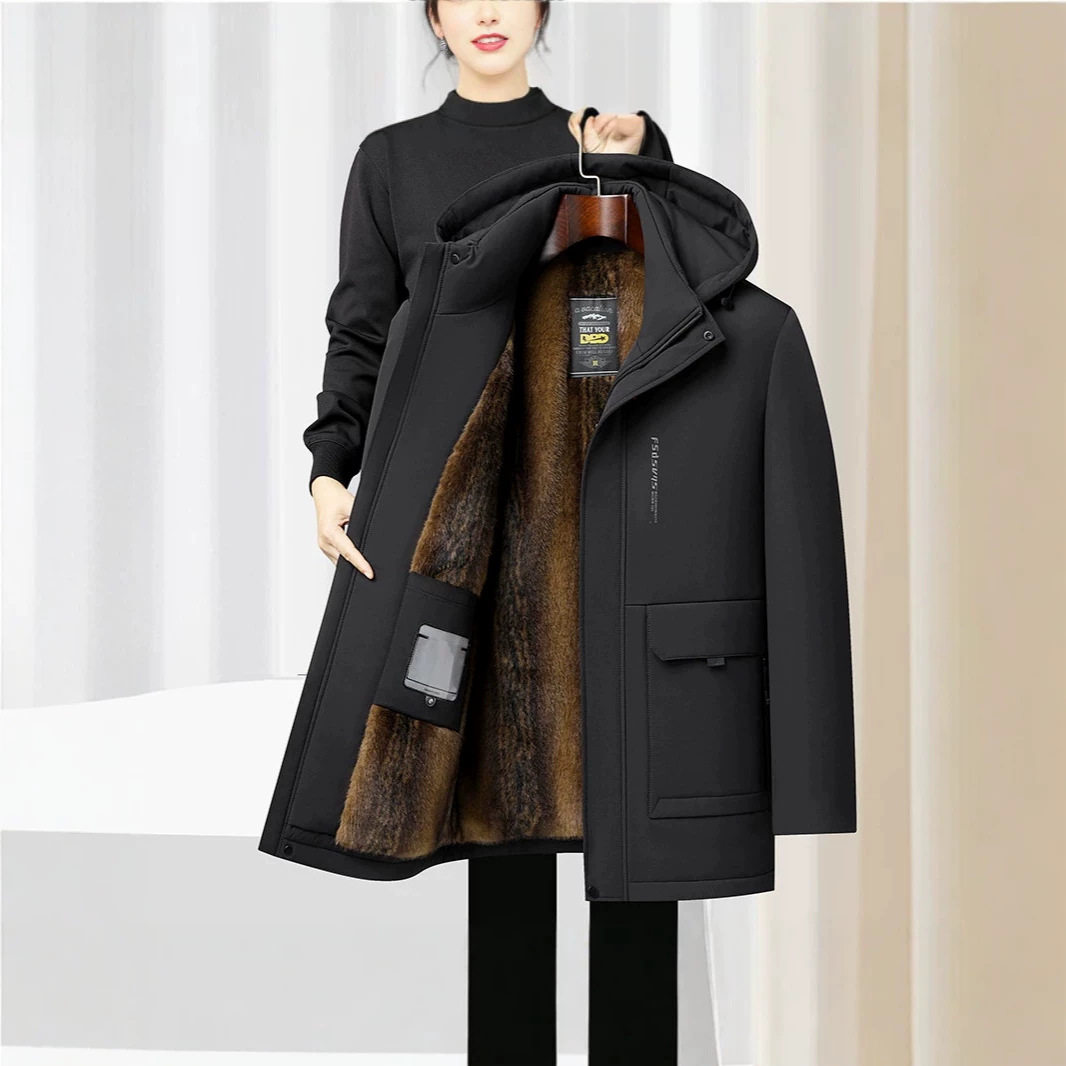 Men's winter mid-length cotton coat with detachable hood, thickened and fleece-lined for middle-aged and elderly men.