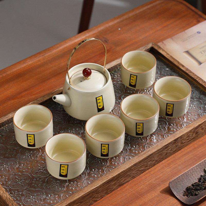 汝窯提梁壺茶具套裝家用一壺六杯木盒禮盒套裝開業活動送禮佳品