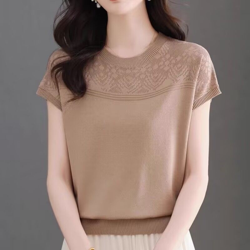 Mom's Short-Sleeve Women's Ice Silk Knit Shirt 2026 Summer New Thin T-Shirt Hollow-Out Stylish Loose Top
