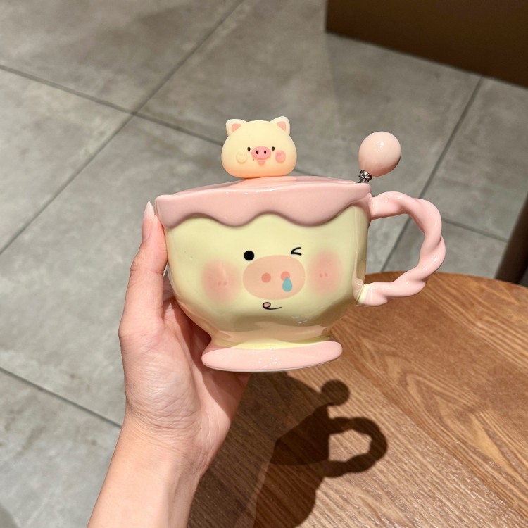 Cute cerdo cerámico taza con cubierta cuchara de oficina de chicas taza de agua para beber taza de desayuno casero pareja