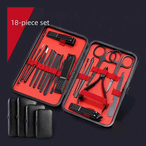 Cross-Border Nail Clipper Set, Black 18-Piece Set, Angled Nail Clippers, In-Stock Dropshipping, Manicure and Nail Art Tools, Cuticle Nippers