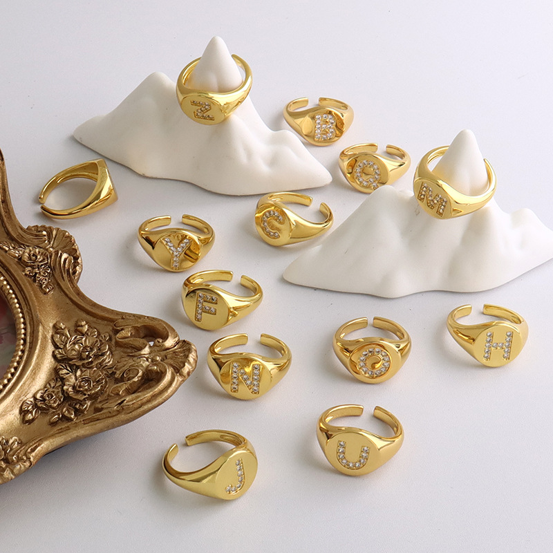 Foreign Trade European and American Letter Family Name Diamond Ring Women's All-match Simple 26 Letter Advanced Ring Live Source