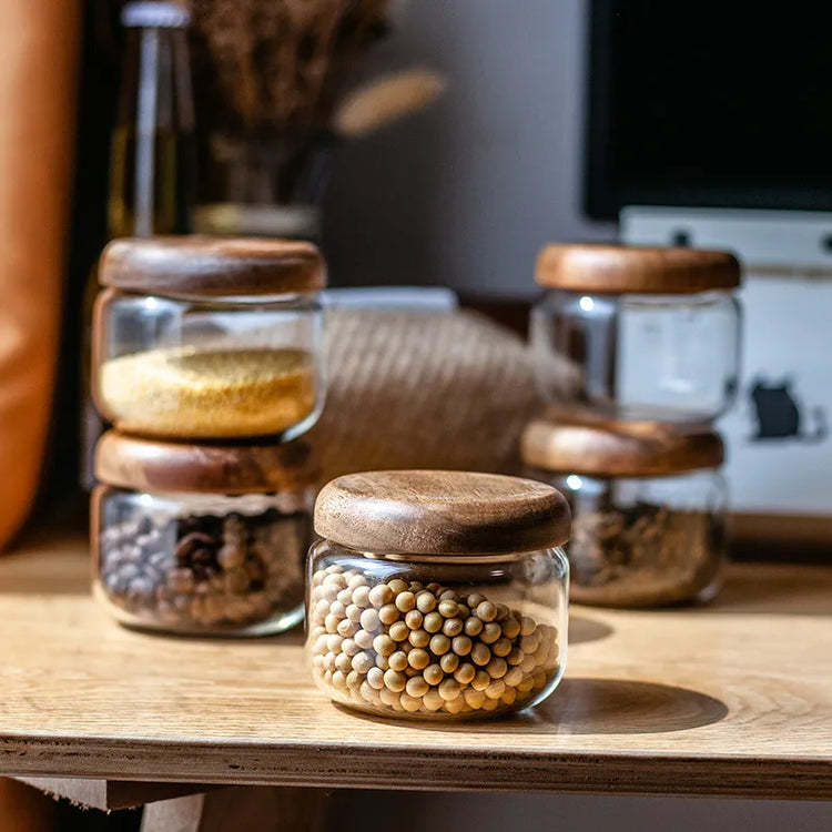 Japanese-style Transparent Round Glass Jar with Acacia Wooden Lid Household Snack Storage Jar Coffee Cereals Storage Sealed Jar