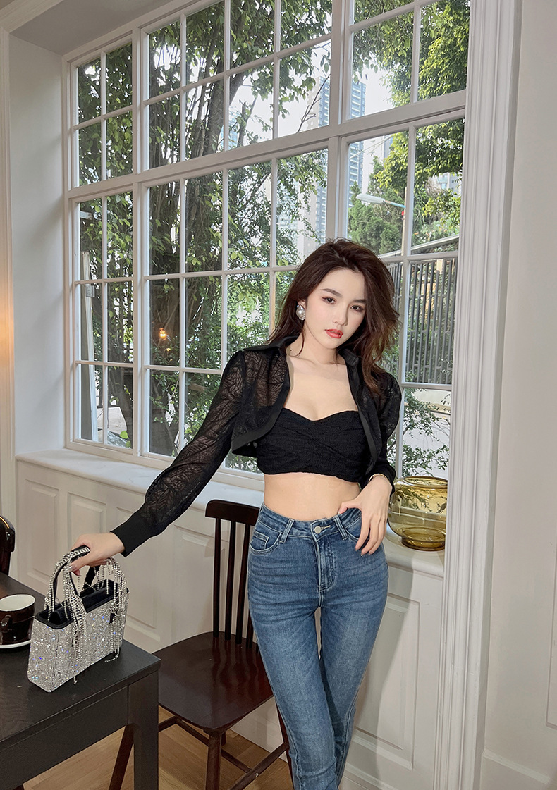 Áo khoác cardigan ngắn chống nắng mỏng nhẹ mặc trong nhà điều hòa — Màu đen chi tiết 14