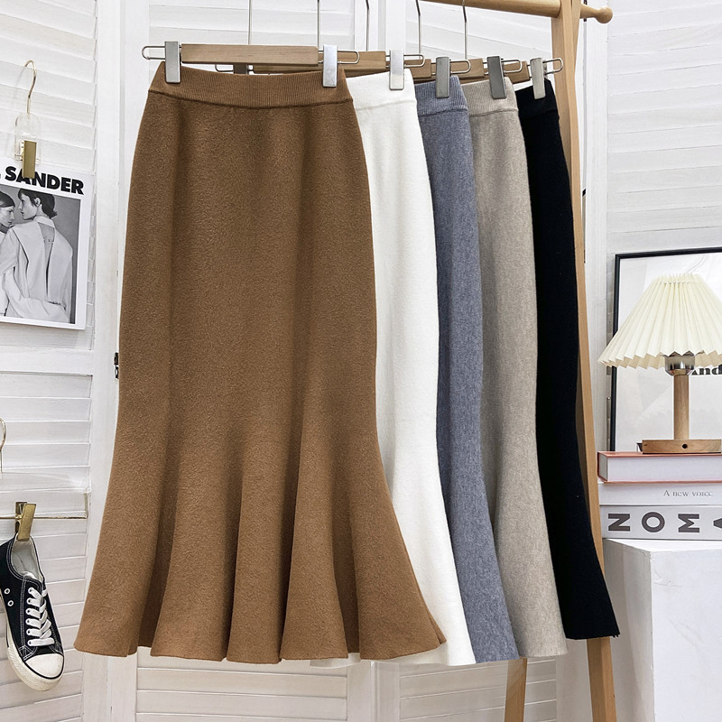 GraceChic Orta Boy Örme Denizkızı Etek Kadınlar İçin 2023 Sonbahar Kış Fransız Retro Çok Yönlü Yüksek Bel Dar Kesim Zarif Yarım Etek_voghion.com