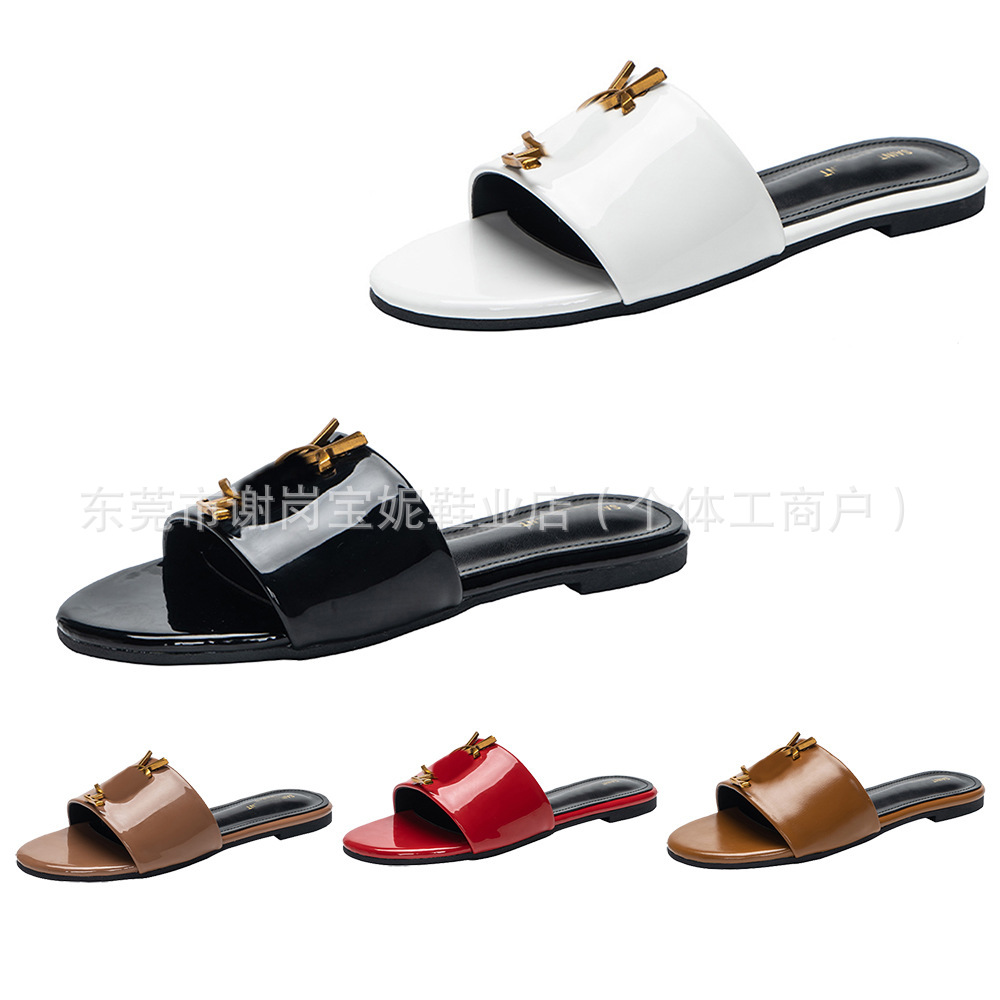 新款Y家漆皮金属扣凉拖女欧美非洲大码平底拖鞋 Women slippers