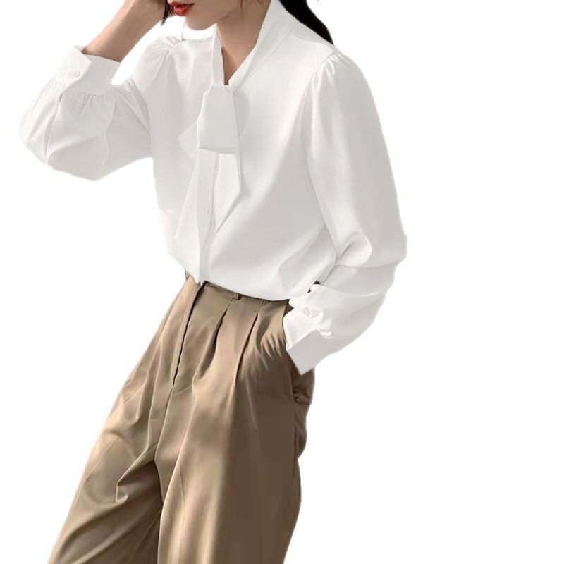 Solid Color Women's Bow Shirt Female Professional Wear Dress White Inner Top Interview Blue Shirt Long Sleeve