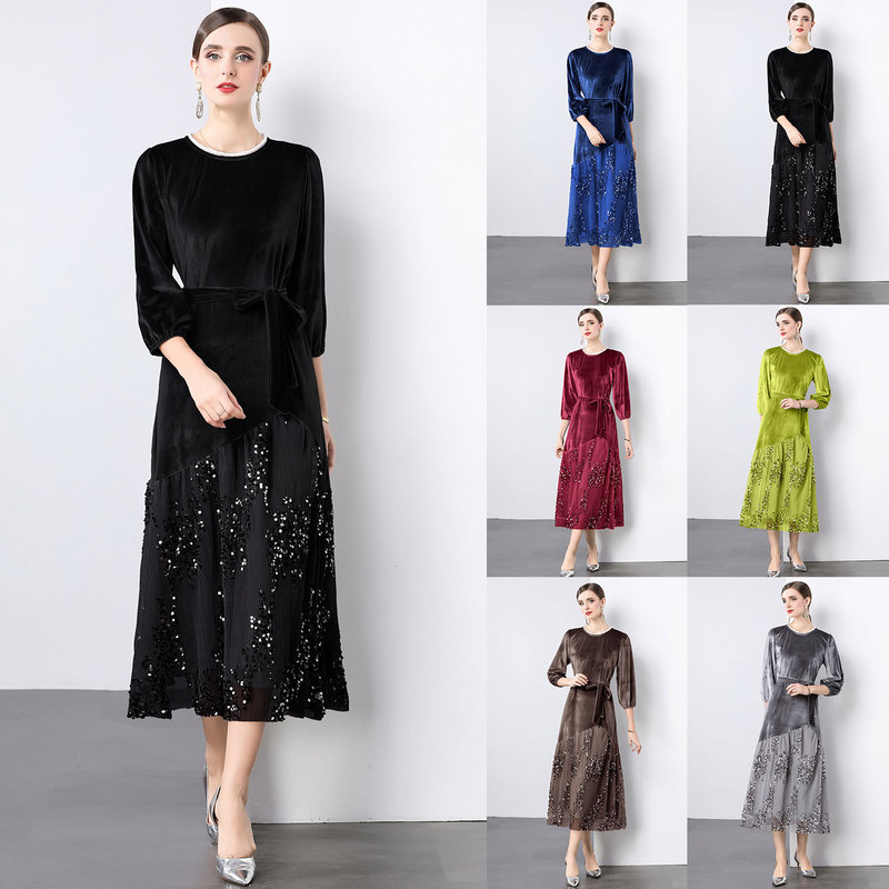 2026 Autumn Cross-Border Real Shot In-Stock French Style Elegant Lace Sequin Patchwork Velvet Long Dress