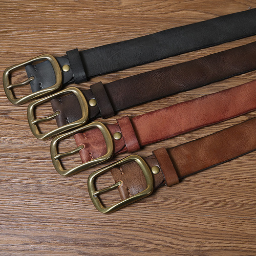 Retro hand-rubbed versatile pleated copper buckle belt men's genuine leather trendy pin buckle pure cowhide trouser belt for middle-aged and young people