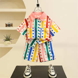 儿童夏季套装2025新款童装韩版彩色波点男女童条纹衬衫短裤两件套