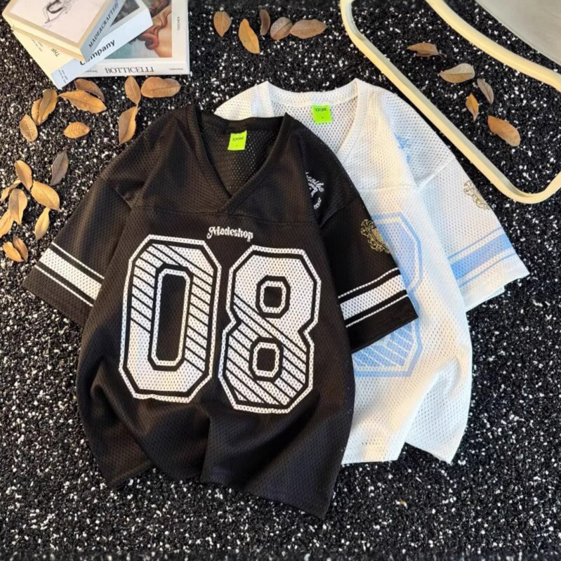 American Style No. 8 Mesh Breathable V-Neck Jersey Short-Sleeved T-Shirt for Men and Women, New Summer Style Loose Sports Half-Sleeved Jersey T-Shirt