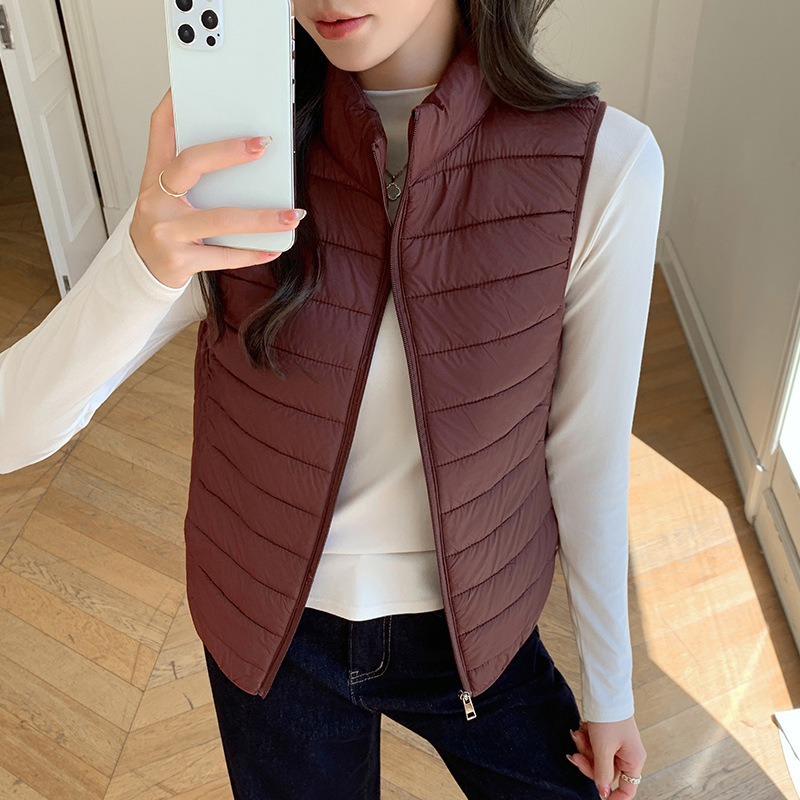 H551 Stand-Up Collar Horizontal Striped Zipper Vest for Women, Autumn and Winter Windproof and Warm Wool Vest Inner Layer Jacket for Women
