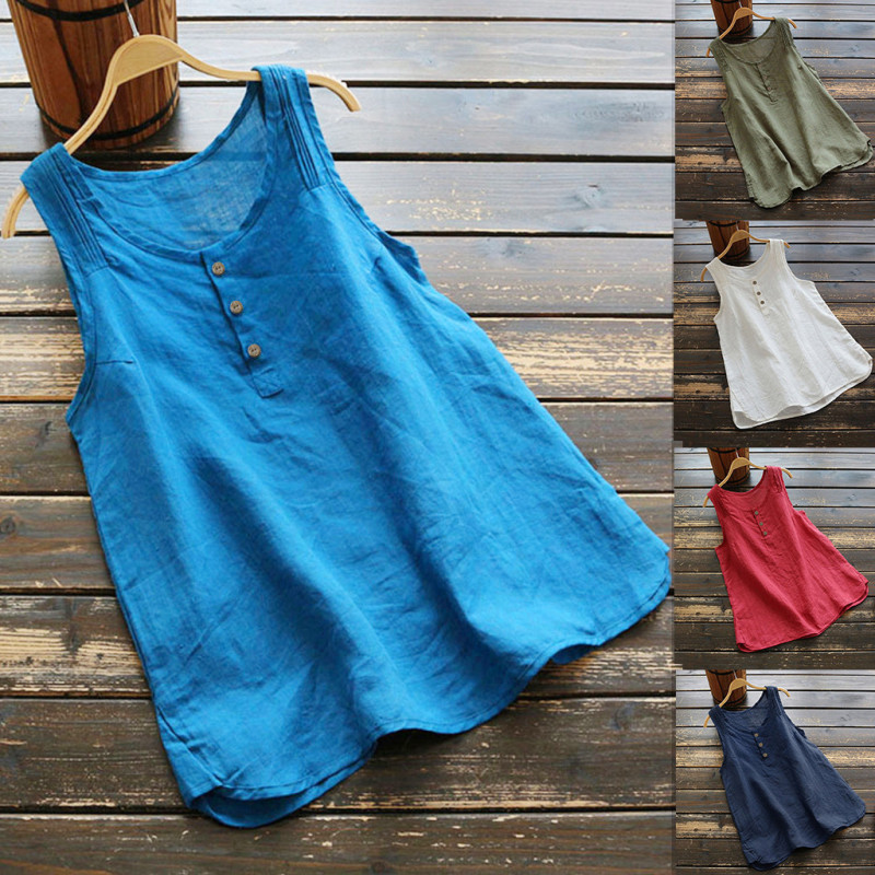 Cross-Border European and American Women's Clothing Plus Size Cotton and Linen Twist-Button Fashion Versatile Sleeveless Solid Color Tank Top 100g