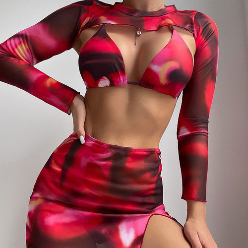 2025 Western European tie-dye bikini set women's long sleeve cover-up beach bikini swimwear