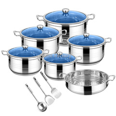 跨境外贸十四件套复底钢柄高锅蓝玻cookingpot厨具炊具烹饪锅套锅