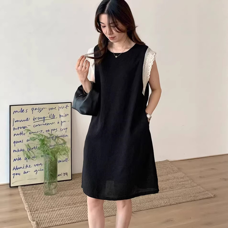 Stylish Tencel Linen Dress for Women 2026 Summer New Round Neck Patchwork Slimming Mid-Length Dress for Women