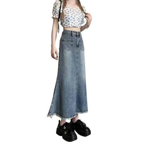Retro denim skirt for women 2026 spring and summer new style high-waist small figure slimming and fringed medium and long fishtail skirt