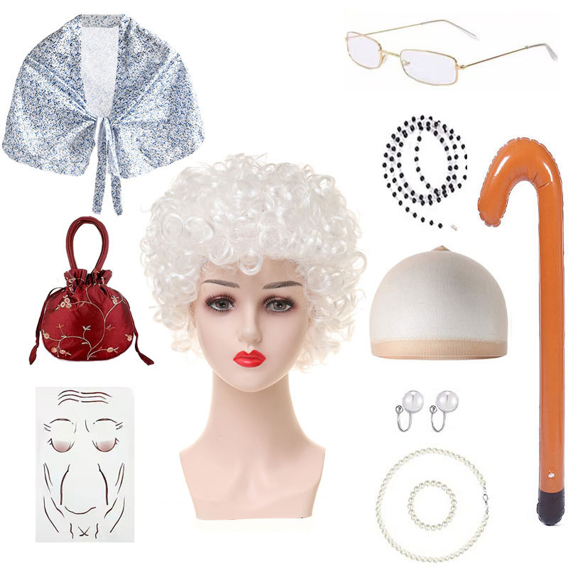 Amazon nueva abuela peluca abuelo pelo vieja dama vieja peluca chal traje accesorios traje