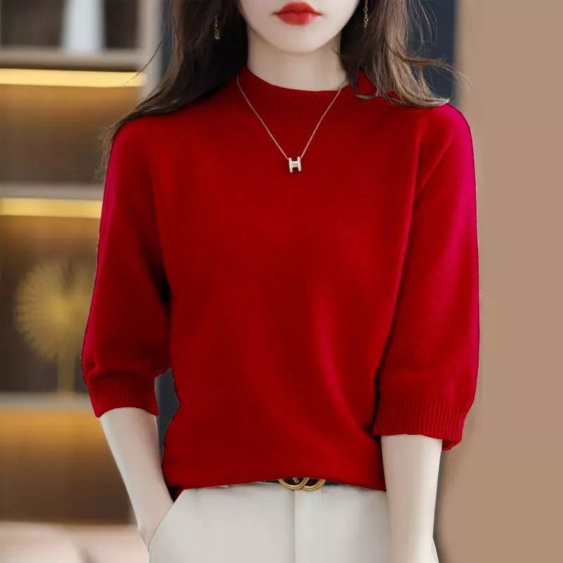 春秋毛衣女新款半高领韩版宽松套头七分袖百内搭针织打底衫女上衣|undefined