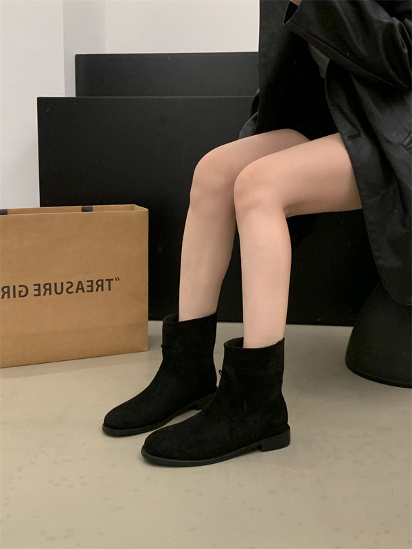 粗跟复古英伦风绒面马丁靴女鞋2025新款瘦瘦法式小短靴春秋单靴子|undefined