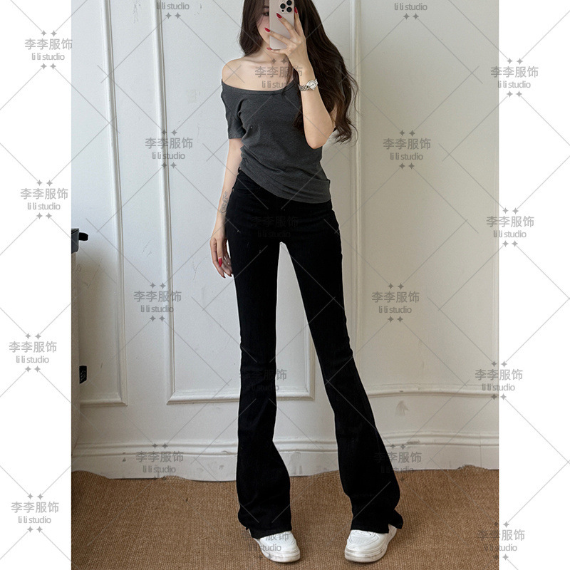 黑色百搭休闲马蹄牛仔裤女2025年秋季新款高腰显瘦弹力修身长裤|undefined