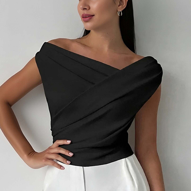 2026 primavera nuevo comercio exterior transfronterizo de Europa y América ropa de mujer sexy hombro abierto irregular cuello pequeño chaleco camisa de manga corta