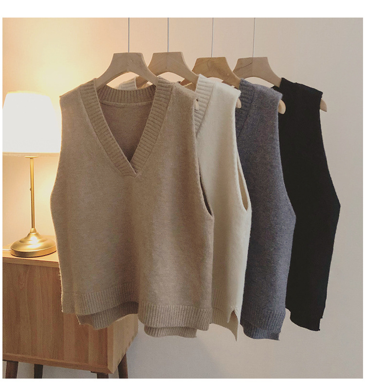 简约V领毛衣背心女 韩版内搭纯色无袖针织马甲厚慵懒叠穿大码坎肩