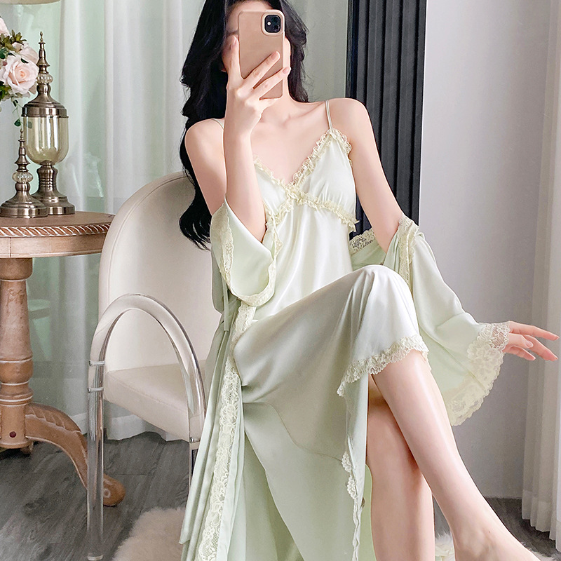 Spring and Summer Sexy Camisole Nightgown with Chest Pads, Long Two-Piece Set, Ice Silk Sleepwear, Thin Long-Sleeve Robe for Tall Individuals