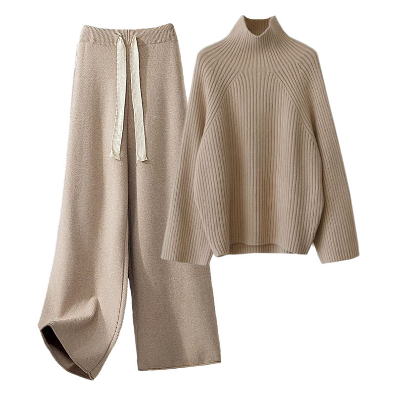 Kadın Giyim tembel tarzı takım elbise kadınlar için yeni sonbahar ve kış kalınlaştırılmış kalın yün örgü kazak dökümlü geniş paça pantolon iki parçalı takım_voghion.com