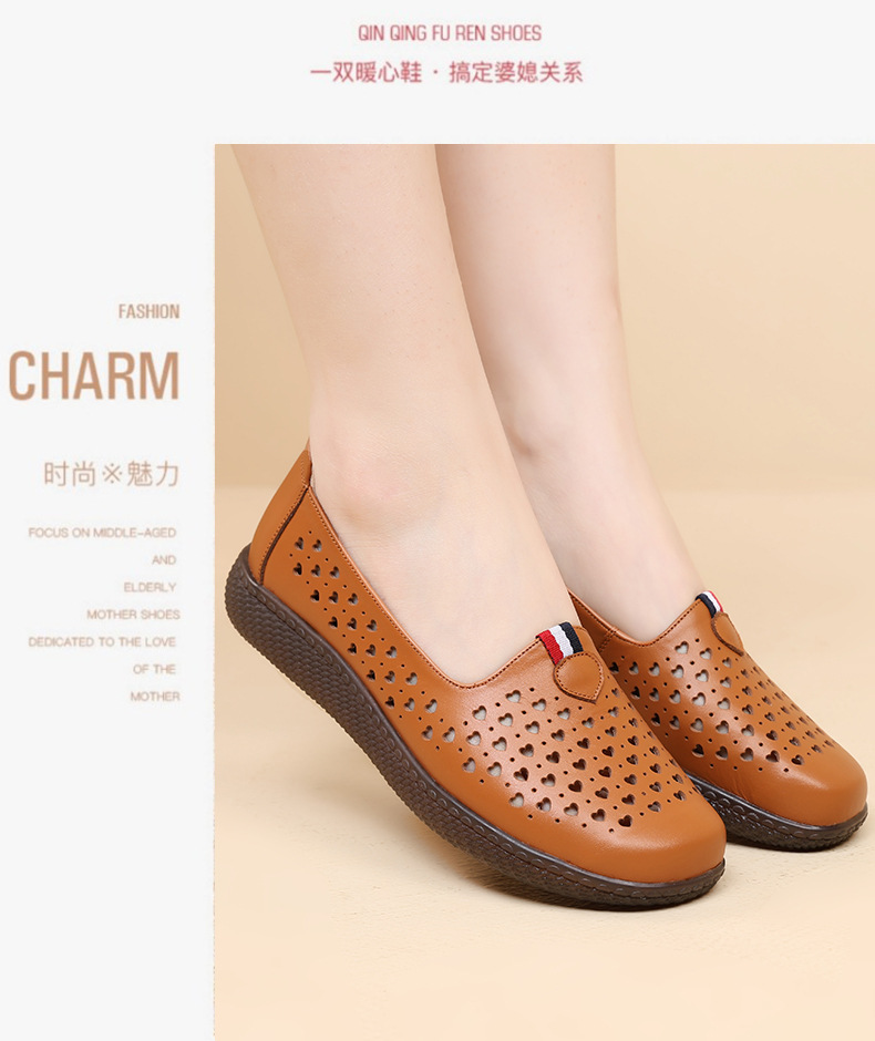 Dép da thật nữ đế phẳng quai chữ V lỗ rỗng mùa hè — nâu chi tiết 12