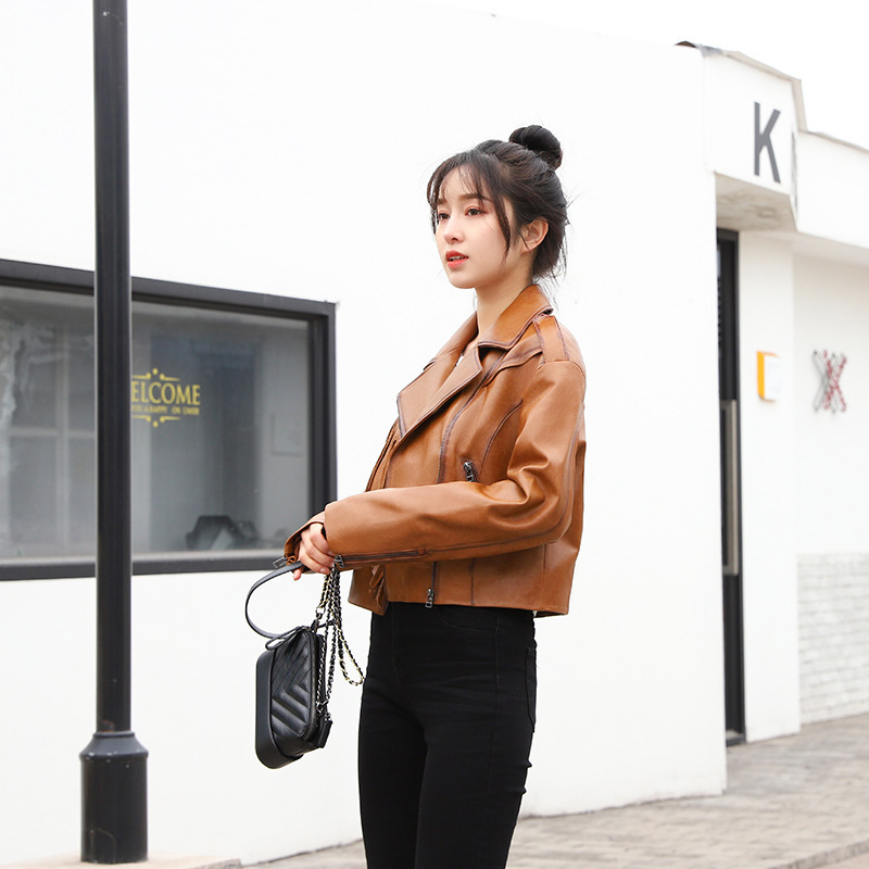 春秋新品绵羊皮衣女长袖翻领修身型棕色气质通勤上衣女夹克可定制