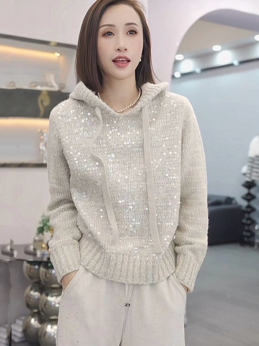 Women's Clothing light luxury sequined hooded sweater autumn and winter high end temperament versatile warm long sleeved knitted sweater women's trend_voghion.com