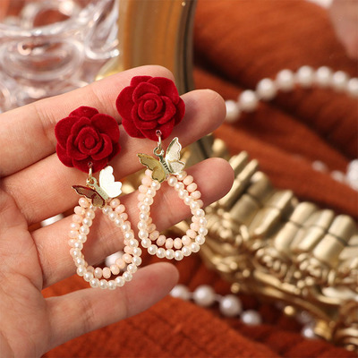flocking pearl earrings roses red series butterfly earrings stud 