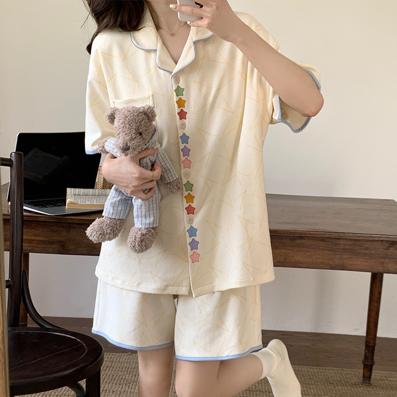 胸パッド付き女性用夏用パジャマ 2025 新しい半袖スイートスターカーディガン夏薄いホームウェアセット|undefined