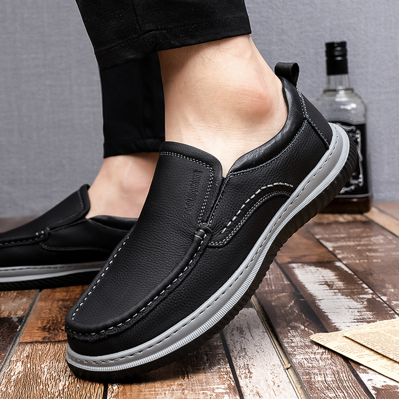 男士新款头层牛皮男鞋休闲独立站wish爸爸鞋秋季套脚轻便圆头皮鞋