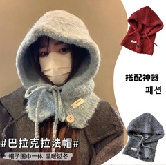 韓国バラクラバ帽子女性のための 2025 秋と冬暖かい帽子スカーフ一体型耳保護ウールニット帽子