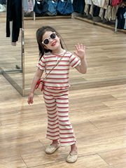 女童套裝2024夏季韓版條紋針織木耳邊彈力短袖上衣+喇叭褲兩件套