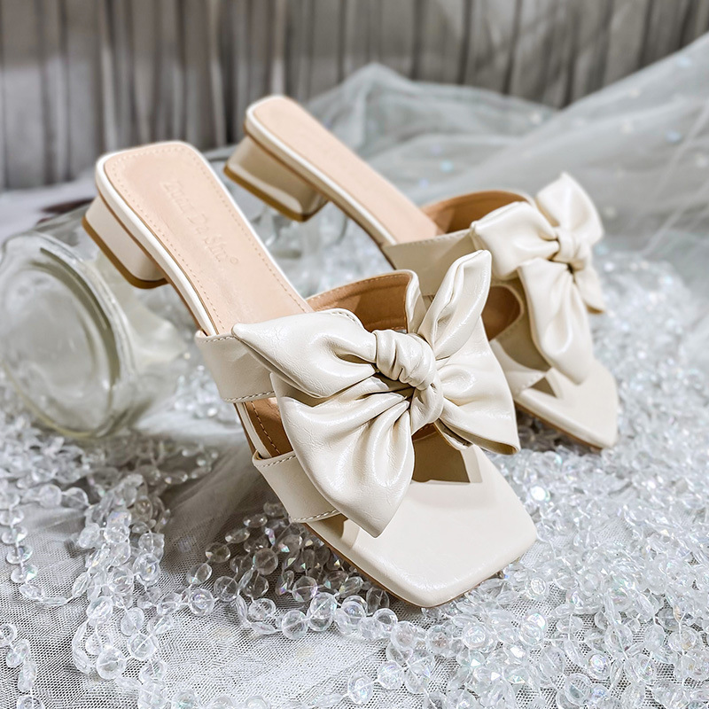 2026 New Style French Bow-Knot Square-Toe High-Heeled Sandals for Women, Summer Outdoor Wear, Large Size Women's Shoes 41-43