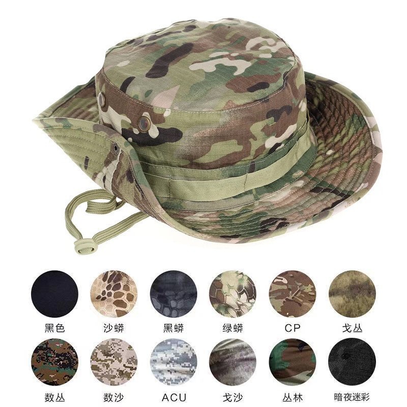 Camuflamiento gorra de borde redondo gorra de entrenamiento militar para hombres y mujeres gorra de ocio al aire libre gorra de pesca gorra de sombrero de sombra fábrica en stock LOGO